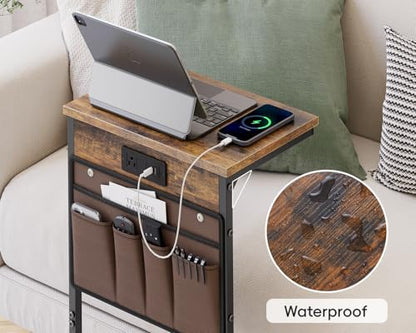 C Shaped End Table with Charging Station, 28" Tall Couch Side Table, Sofa Table Beside Table, Slide Under Sofa Arm C Table for Small Spaces, TV Tray Table for Living Room, Bedroom, Brown - color: Rustic Brown