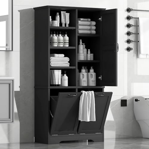 Tall Storage Cabinet, Bathroom Floor Freestanding Storage Cabinet with Doors, Open Shelve, Adjustable Shelf, Drawers, and Tilt-Out Laundry Hamper for Bathroom, Office, Living Room, Black - color: Black