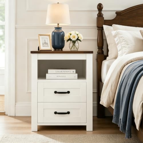 Farmhouse Night Stand, Rustic White Nightstand for Bedroom, End Tables with Charging Station, Bedside Table with Drawers, Wood Bedside Cabinet Dresser - color: White, size: 1pcs with Charging
