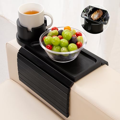 Couch Cup Holder,Bamboo Couch Arm Tray with 360° Rotating Cup Holder,Foldable Anti-Slip Sofa Arm Chair Tray for Eating Snack Drink Side Table - color: Black