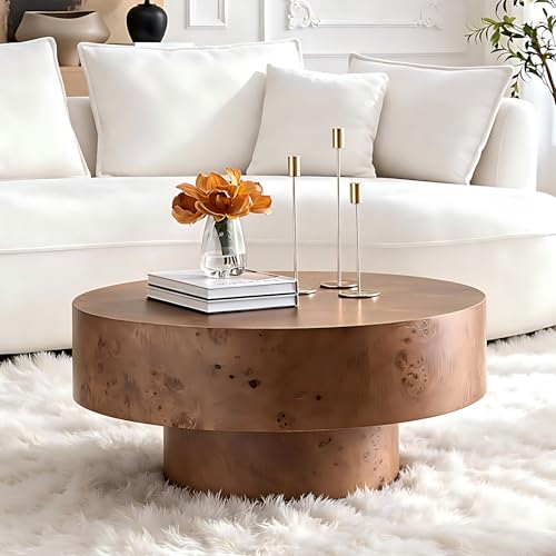 Round Coffee Table Wood, Modern Drum Burl Low Short Coffee Tables for Living Room 31.49" W X 13.77''h Mid Century Wooden Pedestal Fluted Circle Accent Small Center Apartment Easy Assembly Dark Walnut - color: 31.49" Burl Walnut