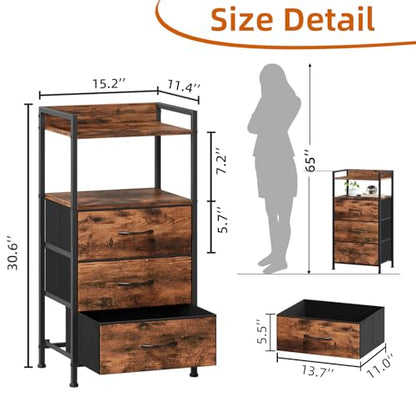 Somdot Nightstand with 3 Drawers, Dresser with Fabric Bins for Bedroom, Hallway, Entryway, Night Stand Bedside Table Furniture, Sturdy Steel Frame, Wooden Top, Easy Pull Fabric Bins, Wood Grain Print - color: Wood Grain Print, size: 11.4"D x 15.2"W x 30.6