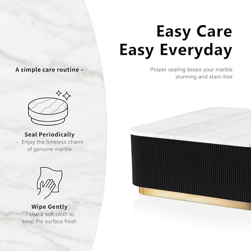 Furniture of America Beryl Modern Square White Genuine Marble Top Coffee Table with Fluted Pedestal Base and Gold Stainless Steel Accent, Low Profile Table for Living Room, Home Office, Black - size: Coffee table, style: Square