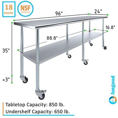 AmGood 96" Long x 24" Deep Stainless Steel Table with Casters - size: 96" Long x 24" Deep