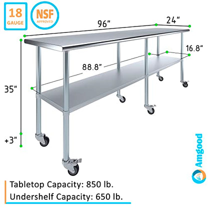 AmGood 96" Long x 24" Deep Stainless Steel Table with Casters - size: 96" Long x 24" Deep