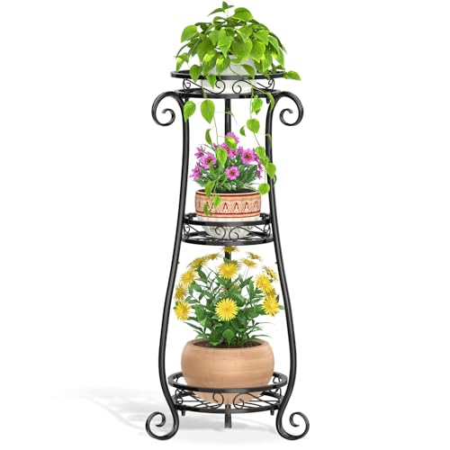 LASZOLA 3 Tier Black Metal Plant Stand for Multiple Large Planters Indoor Outdoor Organizer, Heavy Duty Tall Flower Stand for Corner Patio Bathroom Office, Modern Sturdy Vertical Iron Rack, Cat Proof - color: Black, size: 3 Tier