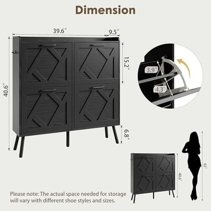 Shoe Cabinet with 4 Flip Drawers, Hidden Shoe Rack Cabinet with Metal Legs, Farmhouse Narrow Shoe Storage Cabinet for Entryway, Foyer, Hallway, Black - color: Solid Black
