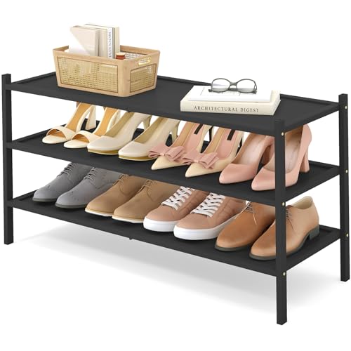 Smiry Bamboo Long Shoe Rack, 3 Tier Shoe Organizer for Closet, Black | Stackable Shoe shelf for Entryway, Free Standing Storage for Shoes, Bags & Plants, with Solid Slab Shelves - color: Black, size: 3 Tier-33.86" Wide