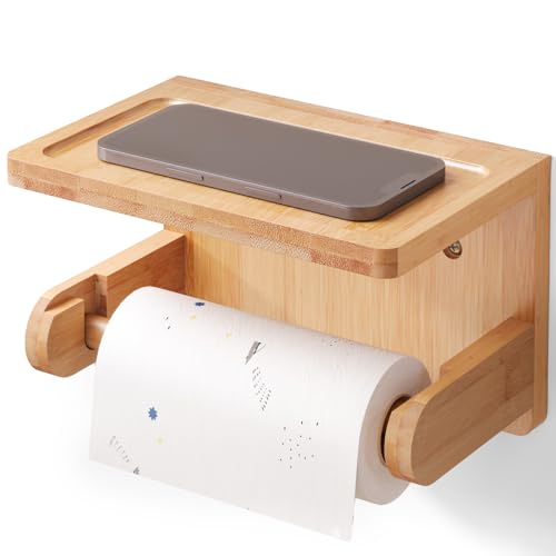 VERTORGAN Toilet Paper Holder with Phone Shelf,Bamboo Wall Mounted Tissue Roll Holder for Bathroom (Natural) - color: Natural, size: 1 PC