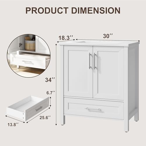 IDEALHOUSE 30" Bathroom Vanity with Sink, Freestanding Wooden Bathroom Vanity Cabinet with Soft-Closing Door and Metal Handle, Modern Floor Standing Storage for Small Spaces,White - size: 30in