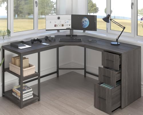 LVB 60 L Shape Home Office Desk with File Drawers, Reversible Corner Table Workstation for Work Study Writing Gaming, Large Wood Modern L-Shaped Computer Desk with Storage Cabinet Shelves, Gray Oak - color: Dark Gray Oak