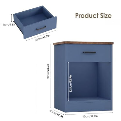 Keyluv Nightstand with Drawer and Open Shelf, Bedside Table for Bedroom, Modern Style Sofa Side Table with Storage, End Table for Home Office, Hallway, Small Spaces, Blue