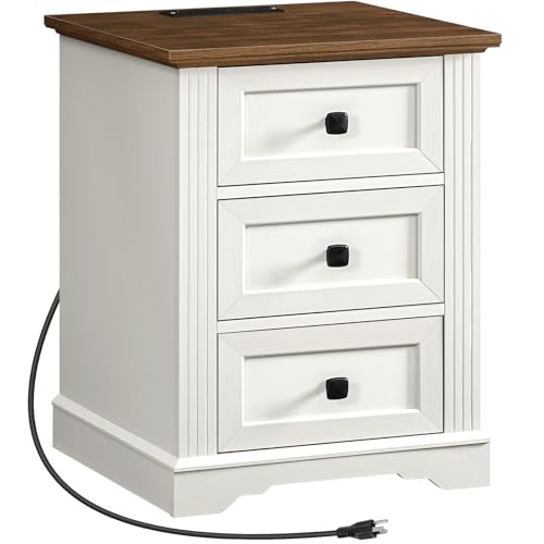 Night Stand with 3 Drawers, 18 Inch Wide End Table with Charging Station, Farmhouse Nightstand, Bedside End Tables Living Room, End Tables with Storage for Bedroom, White and Walnut - color: White and Walnut