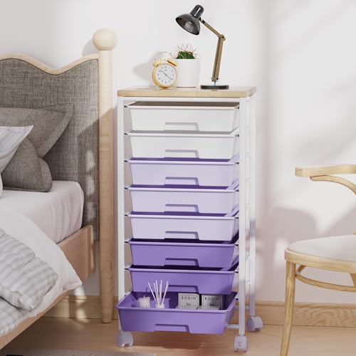 Rolling Cart with 8 Drawers, Storage Drawers Cart with Wooden Tabletop and Lockable Wheels, Craft Storage for Living Room, Office, Classroom, Craft Room, Bedroom (Purple) - color: Purple