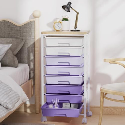Rolling Cart with 8 Drawers, Storage Drawers Cart with Wooden Tabletop and Lockable Wheels, Craft Storage for Living Room, Office, Classroom, Craft Room, Bedroom (Purple) - color: Purple