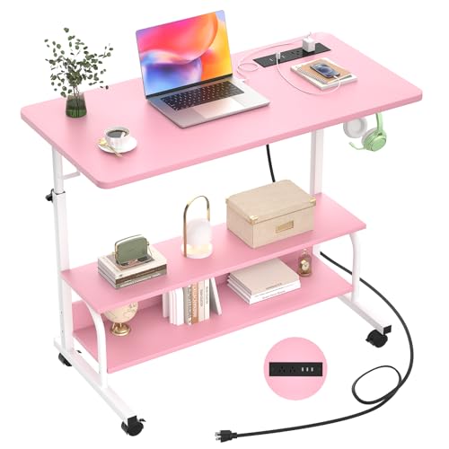 Armocity Rolling Standing Desk with Charging Station, Portable Height Adjustable Mobile Computer Desk with Wheels & 2-Tier Shelves & Hooks, Easy Assembly Laptop Table for Couch Bed, 32" Pink - color: Pink, size: 32''