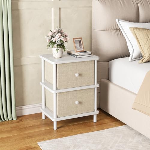 Apicizon Nightstand with 2 Drawers, Boho Side Table with Storage, White | Small End Table with Solid Wood Legs, for Small Spaces, Bedroom, Living Room, Entryway, Easy Assembly - color: White