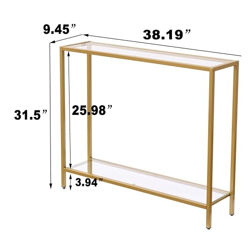 MAJARO Small Modern Console Table for Entryway, Tempered Glass with Metal Frame Sofa Table for Living Room, Hallway, Office (Double-Layer, Gold) - color: Gold, style: Double-layer