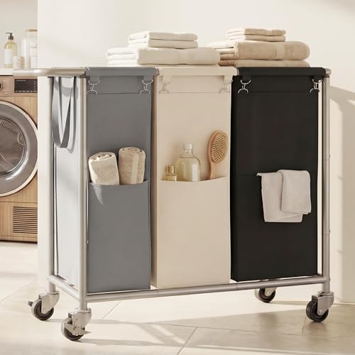 Heybly 3-Section Laundry Sorter Hamper,Rolling Laundry Hamper with Removable Bags – Heavy-Duty Laundry Sorter Cart with Wheels for Dirty Clothes, 40.2 x 15.4 x 33.1 Inches HLH024P03 - color: Black + Gray + Cream White, size: 3 Bags - 210 L