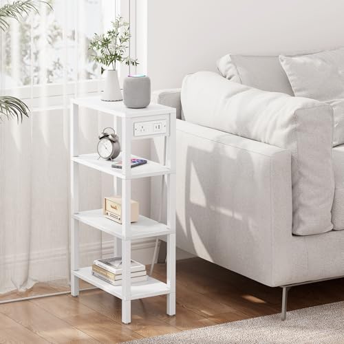 TUTOTAK Narrow Side Table Set of 2, Small End Table with Charging Station | 4-Tier Skinny Sofa Table, Slim Nightstand, Easy Assembly for Living Room, Bedroom, White TB01BW0802 - color: White, size: 4-tier