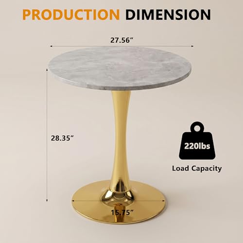 27.6" Marble Round Tulip Table, Mid-Century Modern Style Dining Table with Gold Pedestal Base for 2-4 People, Featuring A Marble Tabletop for Kitchen, Dining Room, Cafe (Light Grey) - color: Light Grey#gold