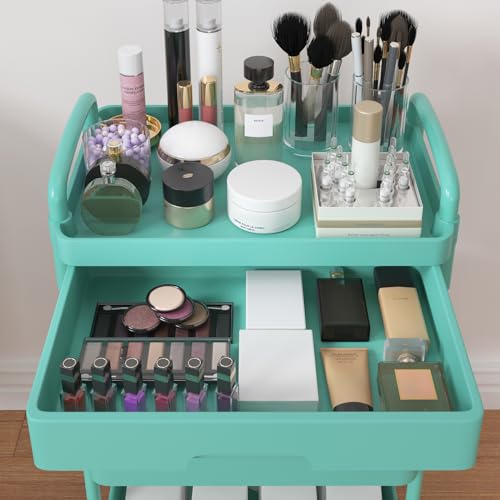 Calmootey 4-Tier Rolling Utility Cart with Drawer,Multifunctional Storage Organizer with Plastic Shelf & Metal Wheel,Storage Cart for Kitchen,Bathroom,Living Room,Office,Green | Space-Saving Organizer, Sturdy Plastic Shelves, Smooth-Rolling Metal Wheels,