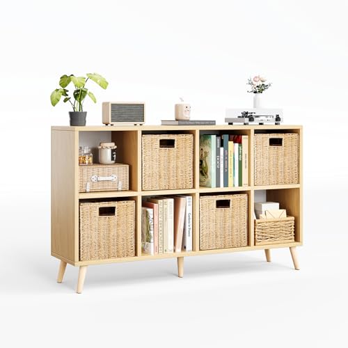 8 Cube Storage Organizer, Mid-Century Modern Wooden Bookcase with 5 Solid Wood Legs, Horizontal Cubby Bookshelf Fits 11 Inch Bins, Versatile Console TV Stand for Living Room, Kids Room, Natural - color: Natural, size: 8-Cube