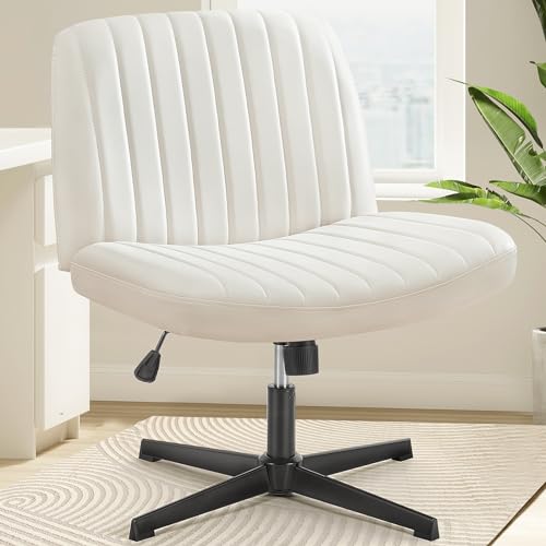 OLIXIS Criss Cross Chair, Vanity Chair, Home Office Desk | Armless No Wheels Wide Seat, Height Adjustable Swivel, Padded PU Leather, Bedroom Student Study, Beige Dual Base - color: Beige Dual Base