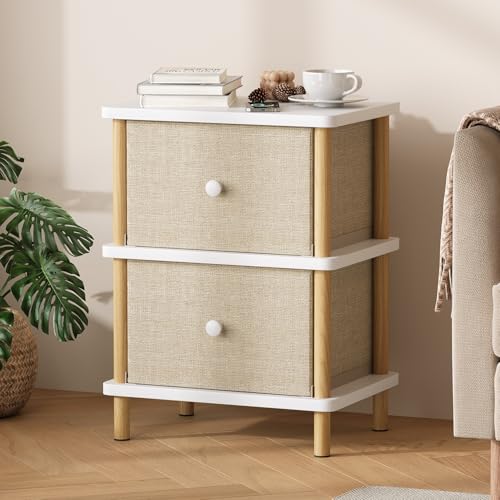 Apicizon Nightstand with 2 Drawers, Side Table with Storage, White+Natural | Small End Table with Solid Wood Legs, for Small Spaces, Bedroom, Living Room, Entryway, Easy Assembly - color: White+natural
