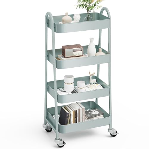 OLIXIS Metal 4 Tiers Rolling Storage Utility Cart with Lockable Wheels | Mobile Organizer Shelf, Space-Saving, Freestanding, Bathroom, Living Room, Slim, Narrow Corner Spaces, Green - color: 4-tiered Green, size: 4-Tiered 18 inches