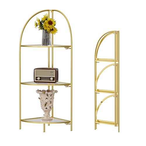 Crofy 3-Tier Foldable Corner Shelf, Metal Gold Frame & Transparent Shelves | Corner Plant Stand, Corner Display Rack, Multipurpose Shelving Unit for Living Room, Bedroom and Bathroom - color: Gold Frame & Transparent Shelf, size: 3 Tier