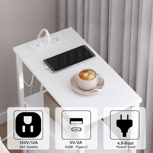 TUTOTAK Small Narrow LED End Table with Charging Station, Side Table Outlets, Nightstand with 2 Cloth Drawers, Set of 2, Couch Table, for Living Room, Bedroom, Bedside, White TB01BW056 - color: White, style: 2 Drawers with Plug & Light