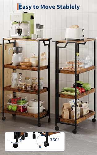 Jojoka No Assembly Folding Kitchen Cart with Wood Top, 4 Tier Collapsible Rolling Utility Cart on Wheels, Industrial Mobile Kitchen Island Storage Cart for Small Spaces, RV and Pantry, Rustic Brown