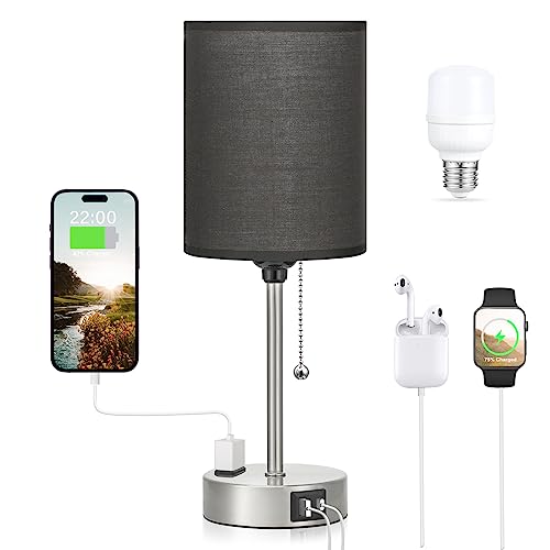Black Table Lamp for Bedroom Nightstand - 3 Color Temperature Bedside Lamp with USB C and A Ports, Pull Chain Lamp for Bedroom with AC Outlet, Small Lamps Silver Metal Base for Kids Boys/Dorm Room - color: Black-Silver, size: 14.6 in