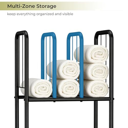 3 Tier Towel Racks for Bathroom with Dividers, Free Standing Metal Towels Holder Stand with Shelf, Towel Storage Organizer Bathroom Shelf, Metal Shelving Unit, Pool Towel Rack, Black