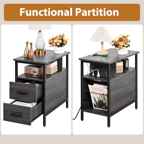 Livofloral Side Table, End Tables with Charging Station, Narrow End Table with Wooden Drawers, USB Ports and Power Outlets, Nightstand and Bedside Table, End Table Living Room, Bedroom, Dark Grey - color: Dark Gray