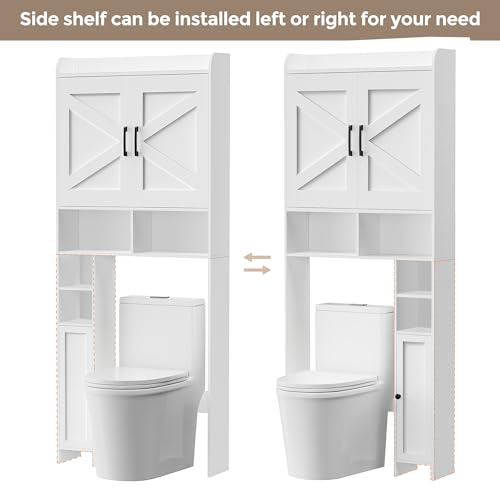 Homhedy Wooden Over The Toilet Storage Cabinet with Barn Door | Freestanding Bathroom Storage, Toilet Paper Holder, Adjustable Shelf,Space-Saving, Farmhouse Style, White - color: White