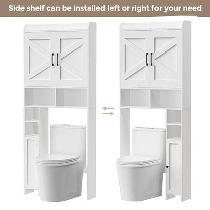 Homhedy Wooden Over The Toilet Storage Cabinet with Barn Door | Freestanding Bathroom Storage, Toilet Paper Holder, Adjustable Shelf,Space-Saving, Farmhouse Style, White - color: White