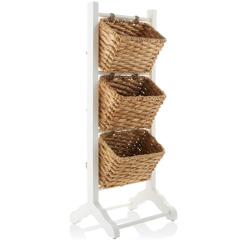 Casafield 3-Tier Floor Stand with Water Hyacinth Storage Baskets, White/Natural - Standing Organizer Rack for Bathroom, Kitchen, Laundry, Living Room - color: White, Natural
