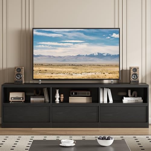 Modern TV Stand with Storage for TVs Up to 85", 70 inch Media Console with Drawer & Open Shelves, Mid Century Entertainment Center for Living Room, Black - color: Black