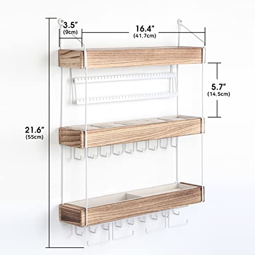 J JACKCUBE DESIGN Wall Mounted 3 Tier Wooden Jewelry Organizer Rack with Accessories Storage Shelf and 18 Metal Earring, Necklace Hooks- MK907A