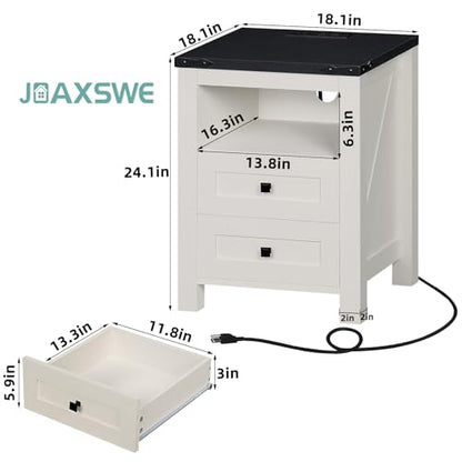 Joaxswe Night Stands with Charging Station Set of 2, Farmhouse Nightstand, White Wooden Bedside End Tables with 2 Drawers and Open Shelf, Bed Side Table for Bedroom, Living Room, Closet, Office - color: White, size: 2 pack