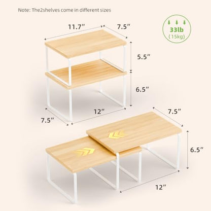 Ekisemio Kitchen Cabinet Organizer, Bamboo Spice Rack Organizer for Cabinet, Stackable & Expandable Counter Shelves, Set of 4, White and Natural
