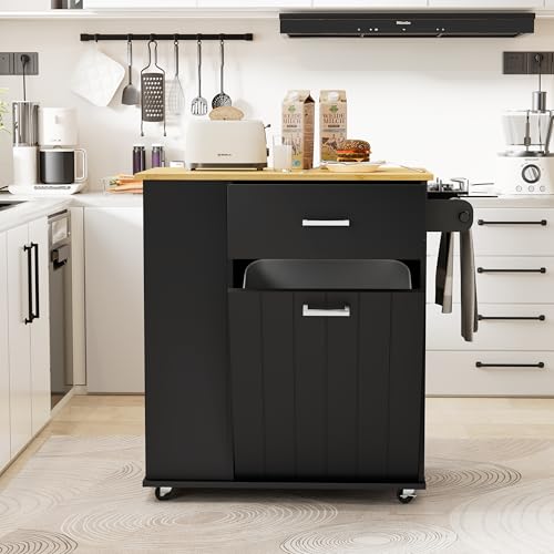 HQZX Rolling Kitchen Island with Trash Can Storage, Portable Kitchen Island on Wheels with Towel Rack & Spice Rack, Tilt Out Trash Can Cabinet with Drawer, Mobile Island Cart (Black) - color: Black