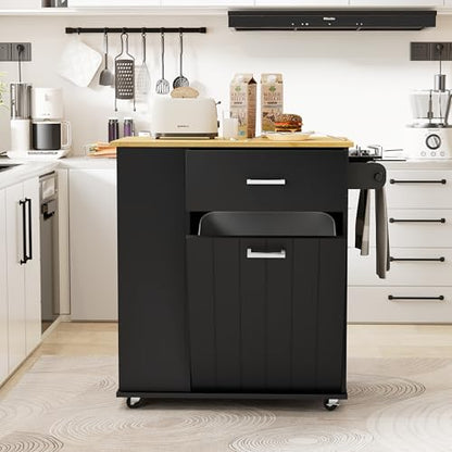 HQZX Rolling Kitchen Island with Trash Can Storage, Portable Kitchen Island on Wheels with Towel Rack & Spice Rack, Tilt Out Trash Can Cabinet with Drawer, Mobile Island Cart (Black) - color: Black