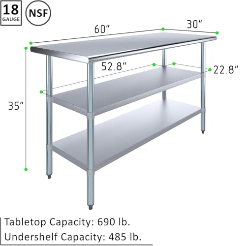 Stainless Steel Work Table with Double Undershelf – Heavy-Duty Commercial Prep Table for Restaurant, Bakery, Kitchen – NSF Certified (30 x 60) - size: 30 x 60