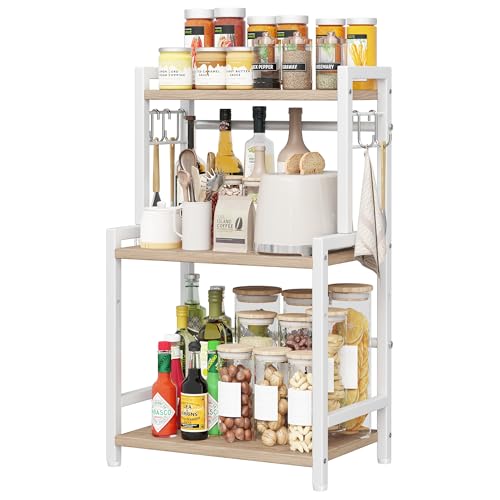Kitchen Countertop Organizer, 3 Tier Large Spice Rack Organizer with Adjustable Shelf and 5 Hooks, Wooden Counter Organizer, Countertop Shelf Microwave Stand for Kitchen Coffee Bar, Light Coffee - color: Light Coffee, size: Small