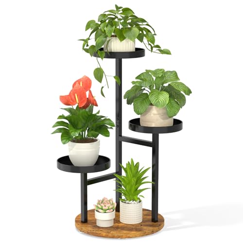 LASZOLA 3 Tier Metal Plant Stand for Indoor Corner, Heavy Duty Wooden Flower Holder Rack for Mutiple Plants, Planter Display Shelf for Patio Garden Balcony Living Room, Black - color: Matte Black - Brown, size: 3 Tier