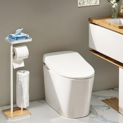 Clasin Home Toilet Paper Holder Stand, Free Standing Toilet Paper Holder with Storage and Top Shelf, White Toilet Paper Stand Weighted Base with Bamboo Design for Bathroom - color: White With Bamboo Base