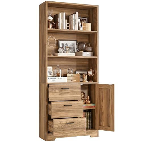 IRONCK Bookshelf with Doors and 3 Drawers 71 in Tall Bookshelf with Storage, Industrial Book Shelf with 3-Tier Shelves for Living Room Entrance Hallway Home Office - color: Oak Brown